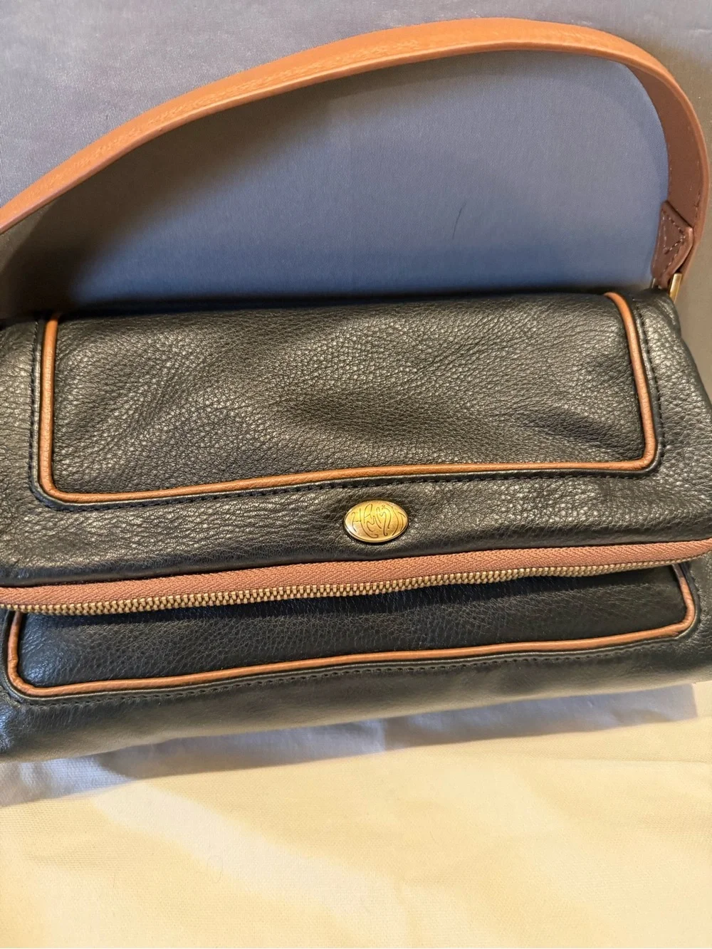 Hammitt Black Leather Messenger Bag with Brown Trim